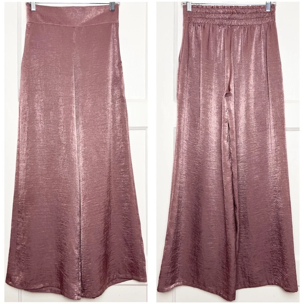 MISA LOS ANGELES Blush Hammered Satin Viscose High Rise Wide Leg Palazzo Pants S
